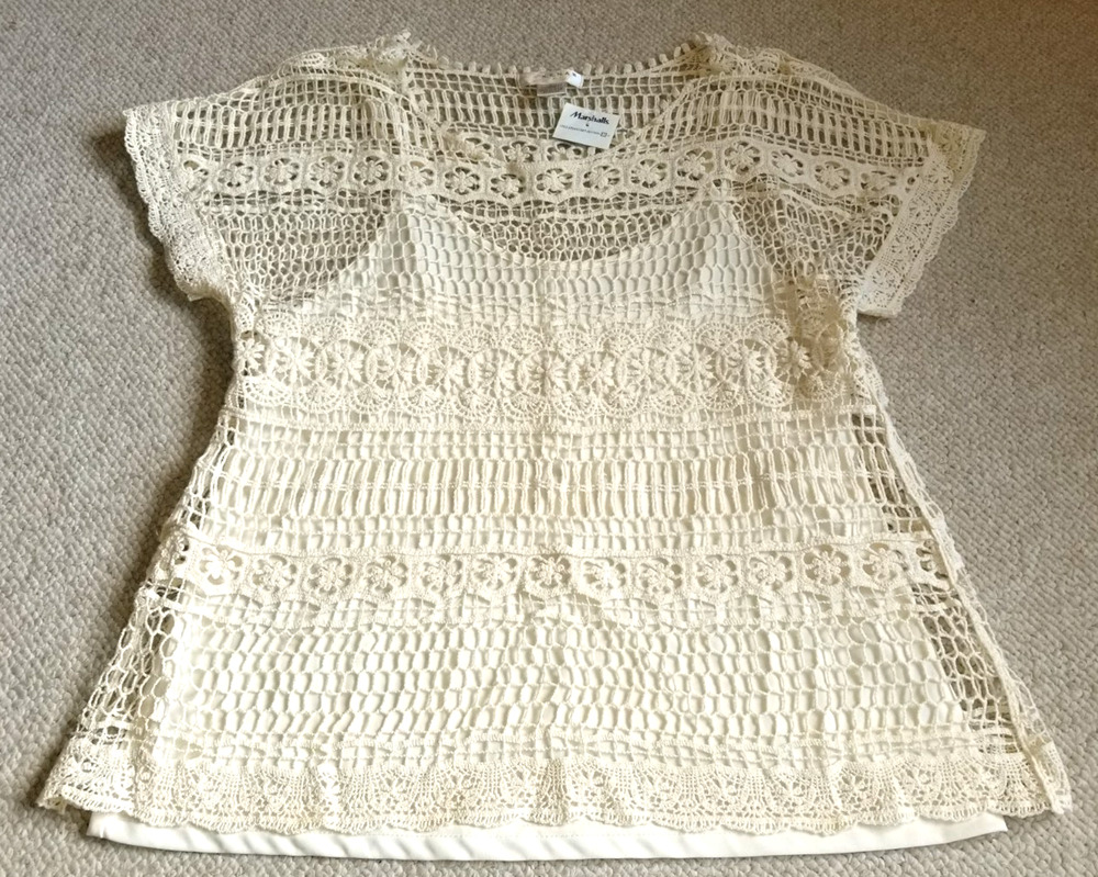 NWT Womens Top-KENAR-ivory open crochet overlay sheer Romantic Fairy Angelcore-L